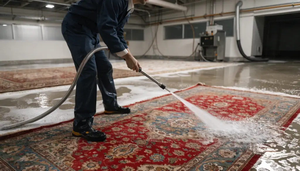 Professional technician washing a Persian rug at a rug cleaning facility serving Oakville