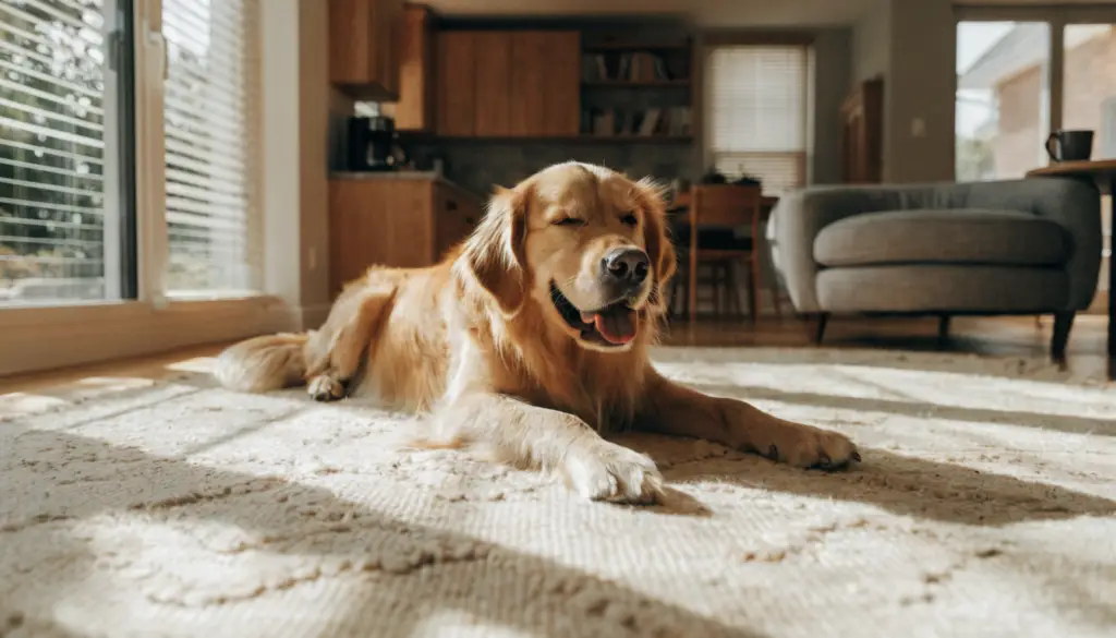 Golden retriever relaxing on a freshly cleaned cream area rug in a Mississauga living room