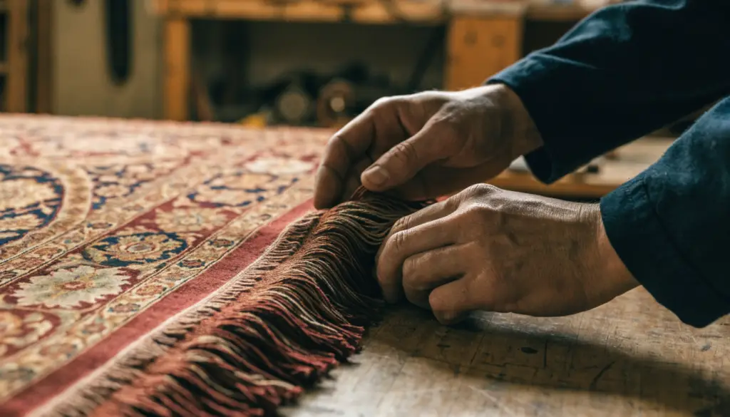 Craftsman inspecting the fringe of an antique silk Persian rug in a Cambridge workshop