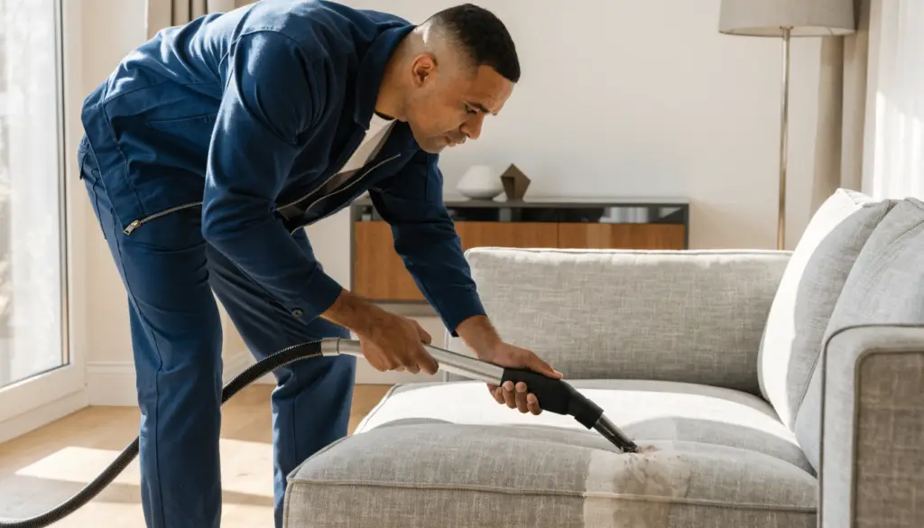 Professional upholstery cleaning of a grey fabric sofa