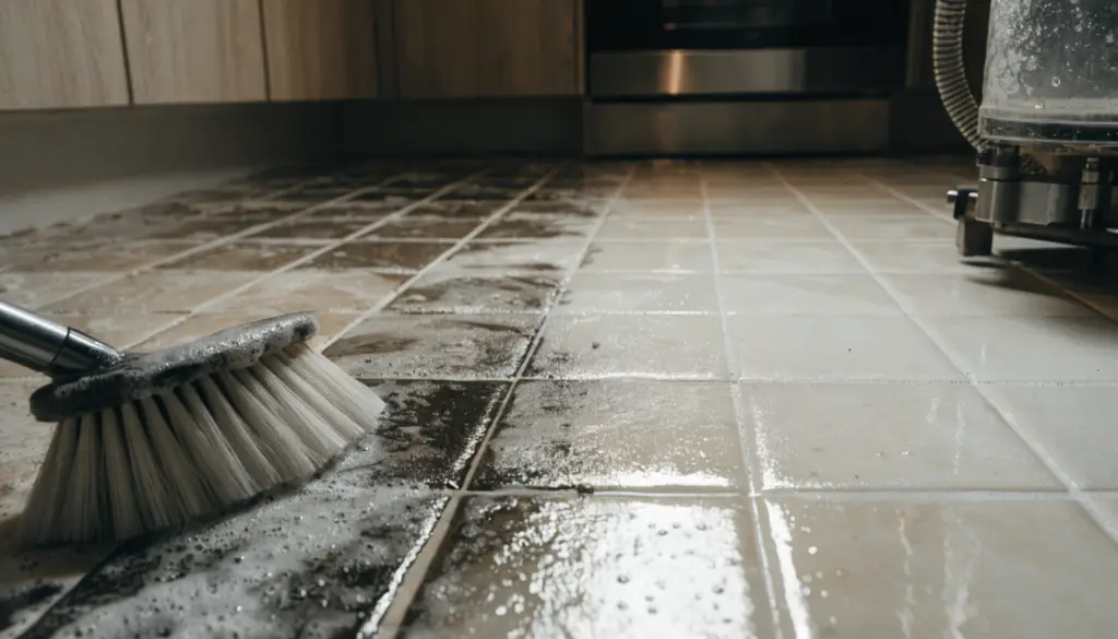 Tile and grout cleaning showing clean versus dirty grout lines