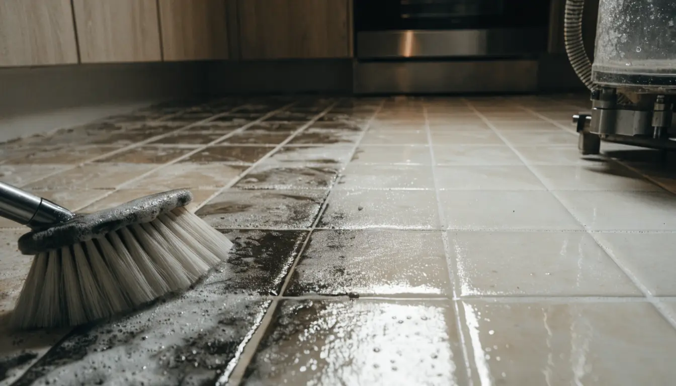 Tile and grout cleaning showing clean versus dirty grout lines