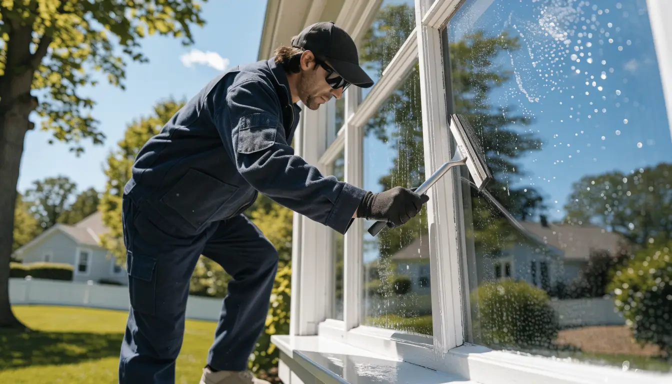 Professional window cleaning with a squeegee on a home