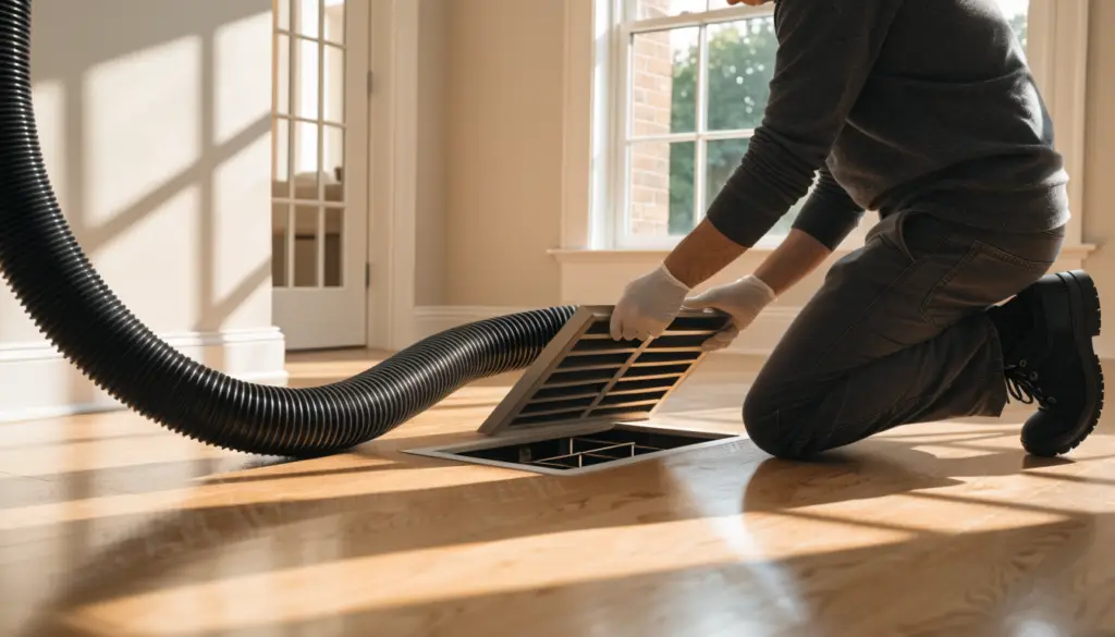 Professional air duct cleaning of a home floor vent