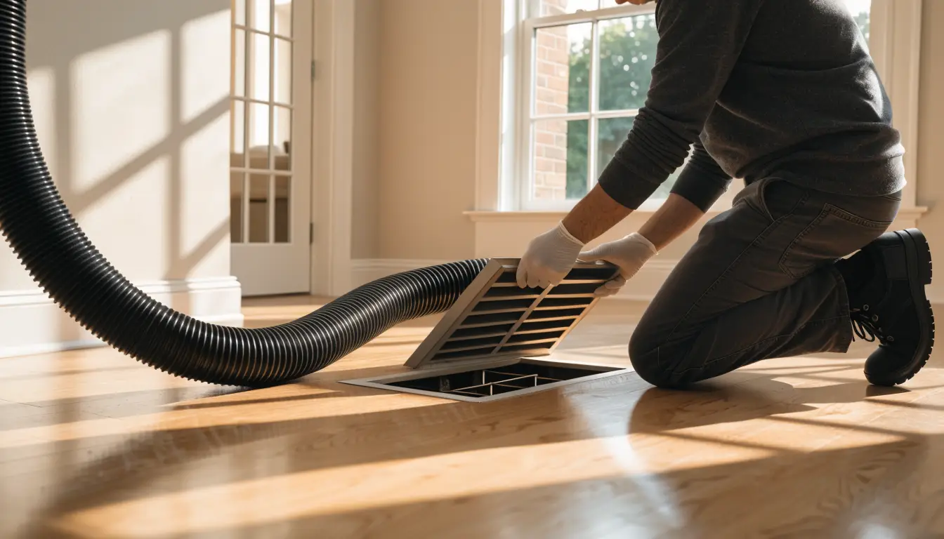 Professional air duct cleaning of a home floor vent