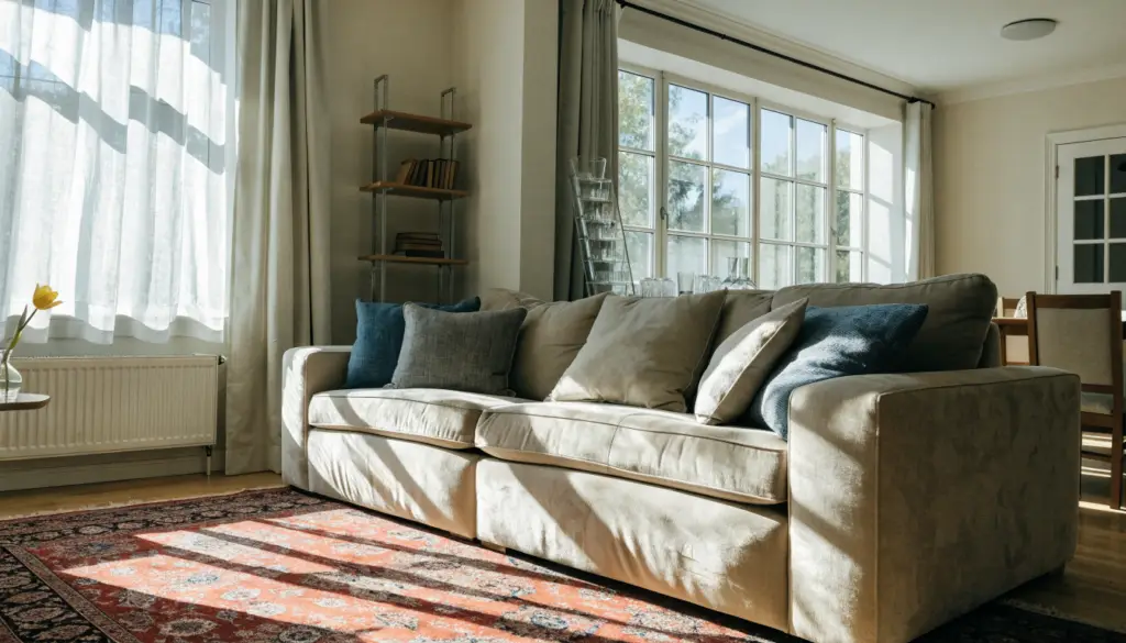 Bright freshly cleaned living room with area rug and clean windows
